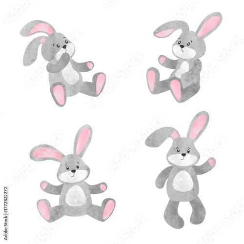 Cute cartoon bunny toys set. Vector watercolor illustration of rabbits