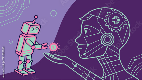 Robot giving energy to artificial intelligence concept vector Abstract