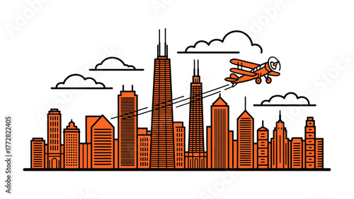 Urban Skyline with Propeller Plane: A vibrant illustration showcasing a cityscape, featuring modern skyscrapers and an old-fashioned propeller plane soaring through the sky.