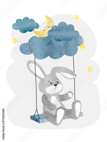 Cute toy bunny on swing with moon and clouds. Vector watercolor illustration. Baby shower design, kids poster	