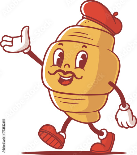 Retro styled vintage cartoon french croissant mascot vector illustration