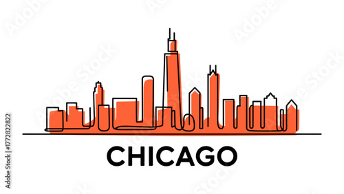 Chicago Skyline Sketch: A minimalist orange line art illustration of the Chicago skyline, capturing the iconic silhouette of the city's architectural wonders against a clean, uncluttered background.