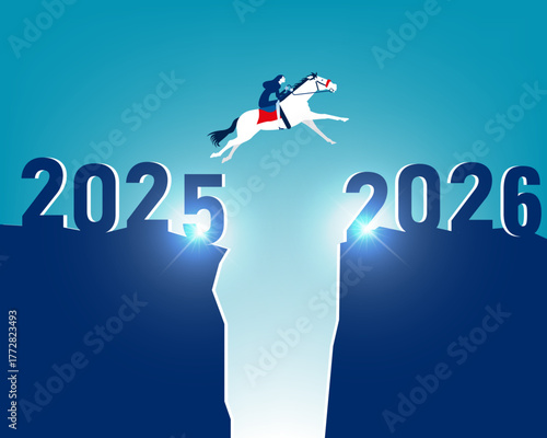 2026. Businesswoman riding a horse juping in to 2026