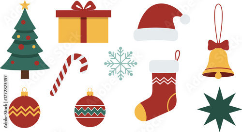 Festive christmas decorations set featuring a tree ornament gift candy cane bell stocking snowflake