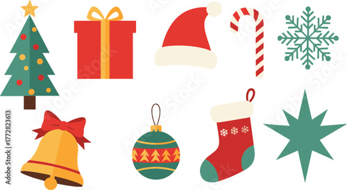 Collection of festive christmas holiday icons including tree gift santa hat candy cane snowflake bell ornament stocking star