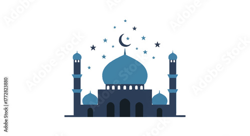 Minimalist flat 2D vector illustration featuring a peaceful mosque silhouette, complemented by a glowing crescent moon and delicate stars floating above, isolated on a pure white background.