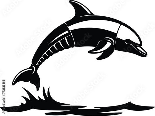Vector Dolphin leaping above water in black and white silhouette illustration