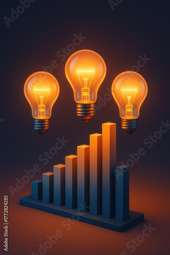 Inspiring innovation and idea generation concept with glowing light bulbs above rising bar chart. visualization of business growth, creativity, and financial success