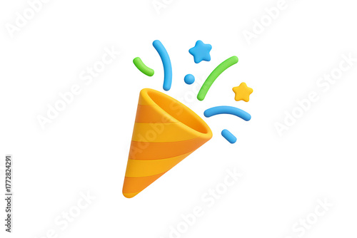 Festive scene with a party popper in focus. It's orange, has a conical shape and is surrounded by colorful confetti and stars, which are scattered around it. No background, transparent png file.