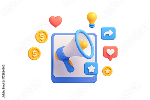 A 3D rendered illustration on a transparent, isolated background depicts a digital marketing and social media engagement concept.