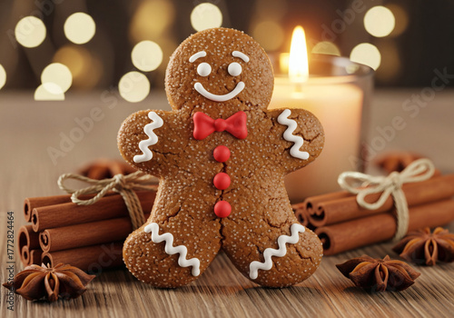Charming gingerbread man with cinnamon sticks and candle for cozy Christmas holiday season baking designs
