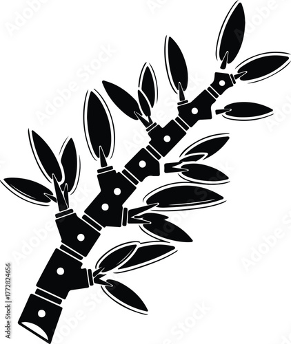 Vector geometric bamboo stalk with leaves black and white silhouette illustration