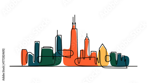 Cityscape in Lines: A captivating city skyline, rendered in a continuous, artistic line, showcases the diverse architecture and unique silhouette of a dynamic urban landscape.