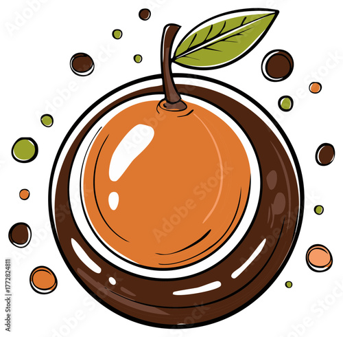 Illustrated orange fruit dipping into rich dark chocolate with whimsical colorful abstract droplets