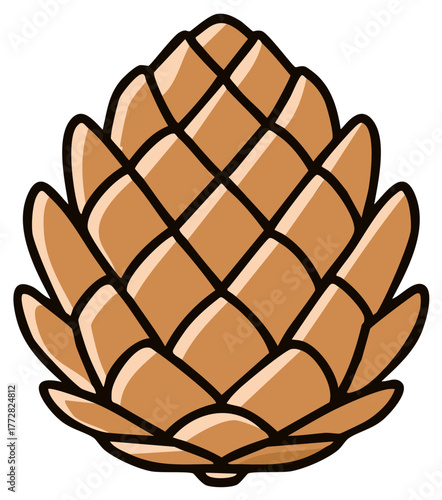 Pine cone illustration showcasing autumnal brown seed pod with detailed scale pattern.