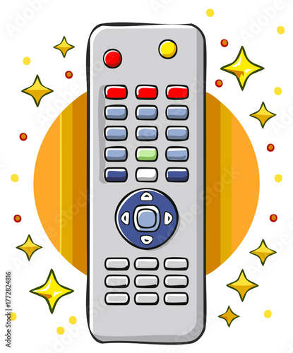 Cartoon Remote Control with Buttons and Arrow Pad Surrounded by Sparkles and Yellow and Orange Background