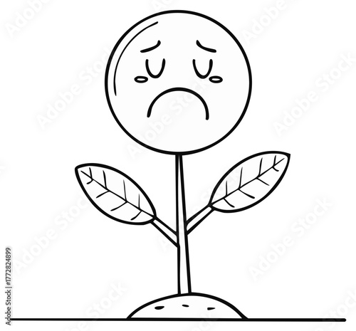 Sad Cartoon Plant with Tears Black and White Doodle Drawing