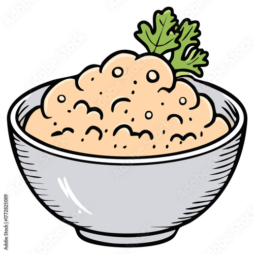 Vector cartoon bowl of creamy mashed food or dip garnished with fresh green herbs