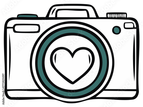 Stylized photographic camera with heart in lens, artistic illustration for love and passion concepts