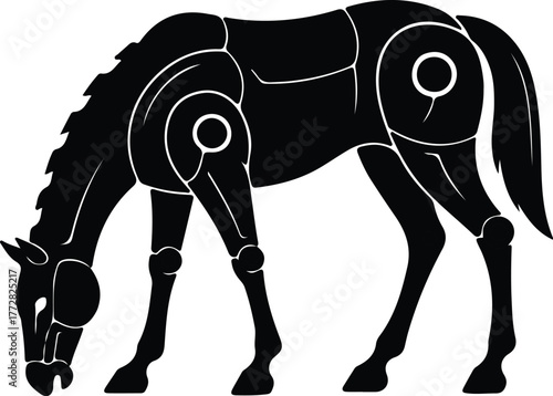 Vector horse grazing simplified black shape silhouette illustration