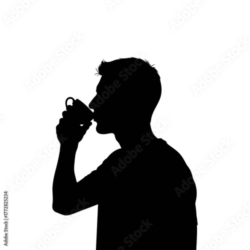 Silhouette of a man drinking coffee against a white background