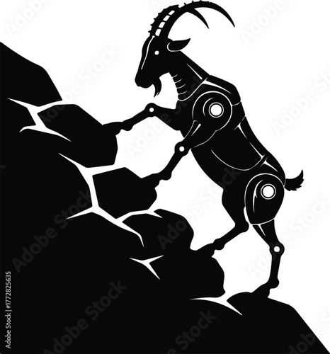 Vector Mechanical goat climbs rocky cliff black and white silhouette illustration