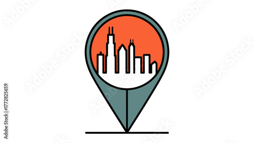 City Skyline Location: A stylized image of a city skyline is nestled within a location marker, symbolizing a specific place or destination, perfect for travel, real estate, or urban planning concepts.