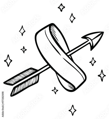 Cupid's Arrow Piercing a Band with Sparkles, Hand Drawn Valentine's Day Decoration Graphic