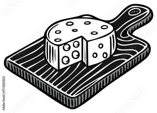 Cartoon cheese with a piece cut out on a wooden cutting board