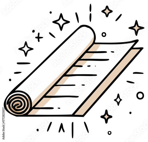 Doodle illustration of a rolled out paper, notebook, or rug with sparkling stars around