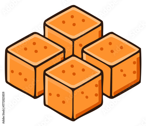 Four orange cube-shaped objects with dark outlines and small round details