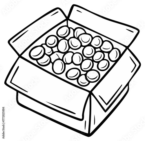 Cartoon style vector illustration of an open cardboard box overflowing with round objects