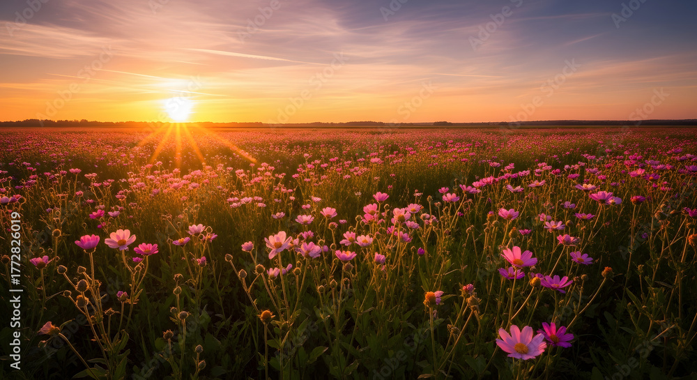Obraz premium Field of vibrant pink flowers under setting sun with clear sky and transparent background