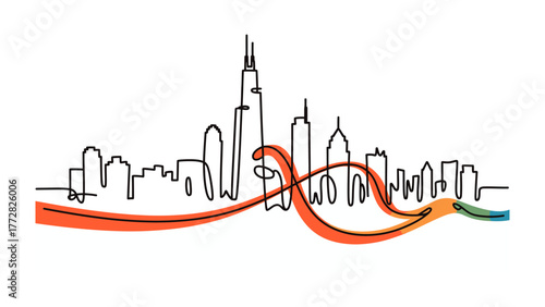 Chicago Skyline in Abstract Line Art: A creative rendition of the iconic city skyline, rendered in a single, flowing line with vibrant color accents, suggesting the energy of the urban landscape.