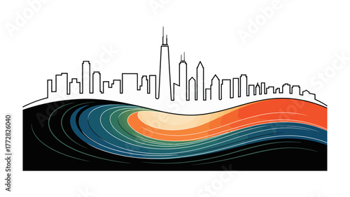 Chicago Skyline Silhouette: A vibrant graphic depiction of Chicago's iconic skyline. The skyline stands boldly against a backdrop of colorful, abstract waves