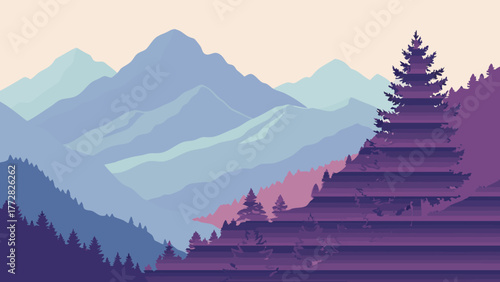 A serene landscape featuring layered mountains and stylized trees in a muted color palette with a peaceful vibe