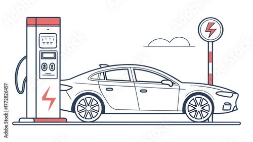 Electric car charging at a station with a lightning bolt sign and clouds in a minimalist line drawing style