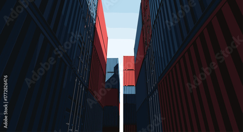 Towering shipping containers create a dramatic, modern geometric perspective in a logistics hub, evoking global trade and industry