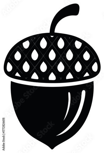 Simple black silhouette of an acorn with a cap featuring a grid pattern and teardrop shapes
