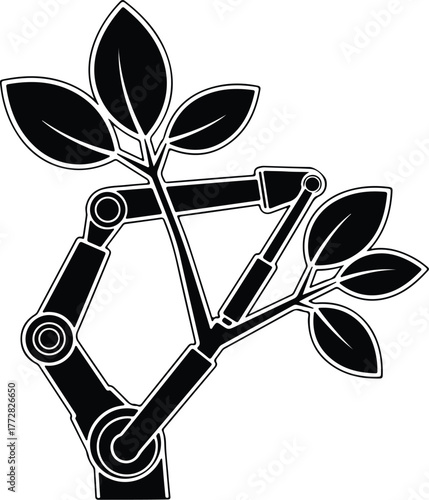 Vector Robotic arm holding plant leaves ecology technology silhouette illustration
