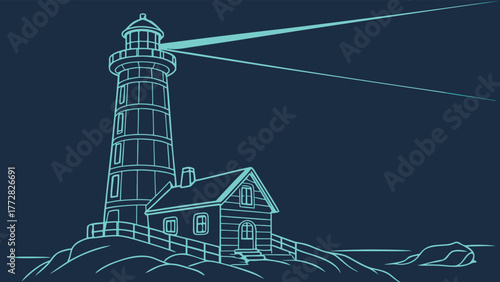 Lighthouse beam guiding ships at sea from a coastal tower vector Abstract