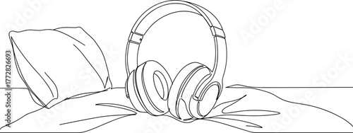 Headphones resting on bed with pillow in simple line vector, transparent background  
