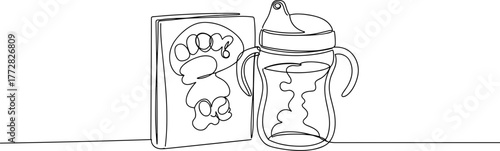 Line vector illustration of a children's book and sippy cup  