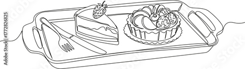 Desserts served on a tray with line vector, transparent background  