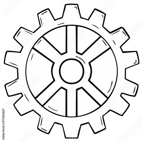 Doodle Style Gear Illustration with Spokes and Teeth Machinery Part Outline