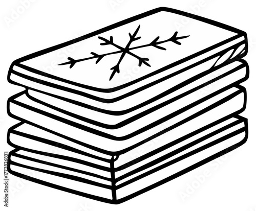 Stack of winter ski boards with snowflake illustration