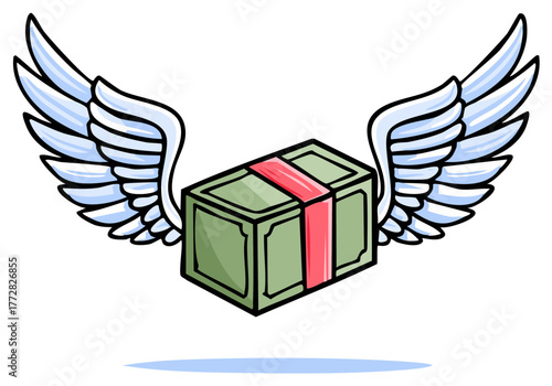 Flying money with wings cartoon illustration representing spending and financial loss