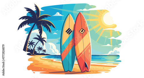 Vibrant tropical beach scene with palm trees and colorful surfboards ready for an epic ocean adventure under a bright sunny sky
