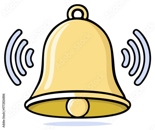 Cartoon illustration of a golden bell ringing with sound waves emitting.