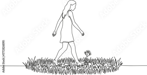 Woman walking through grass with flower in line vector style, transparent background  